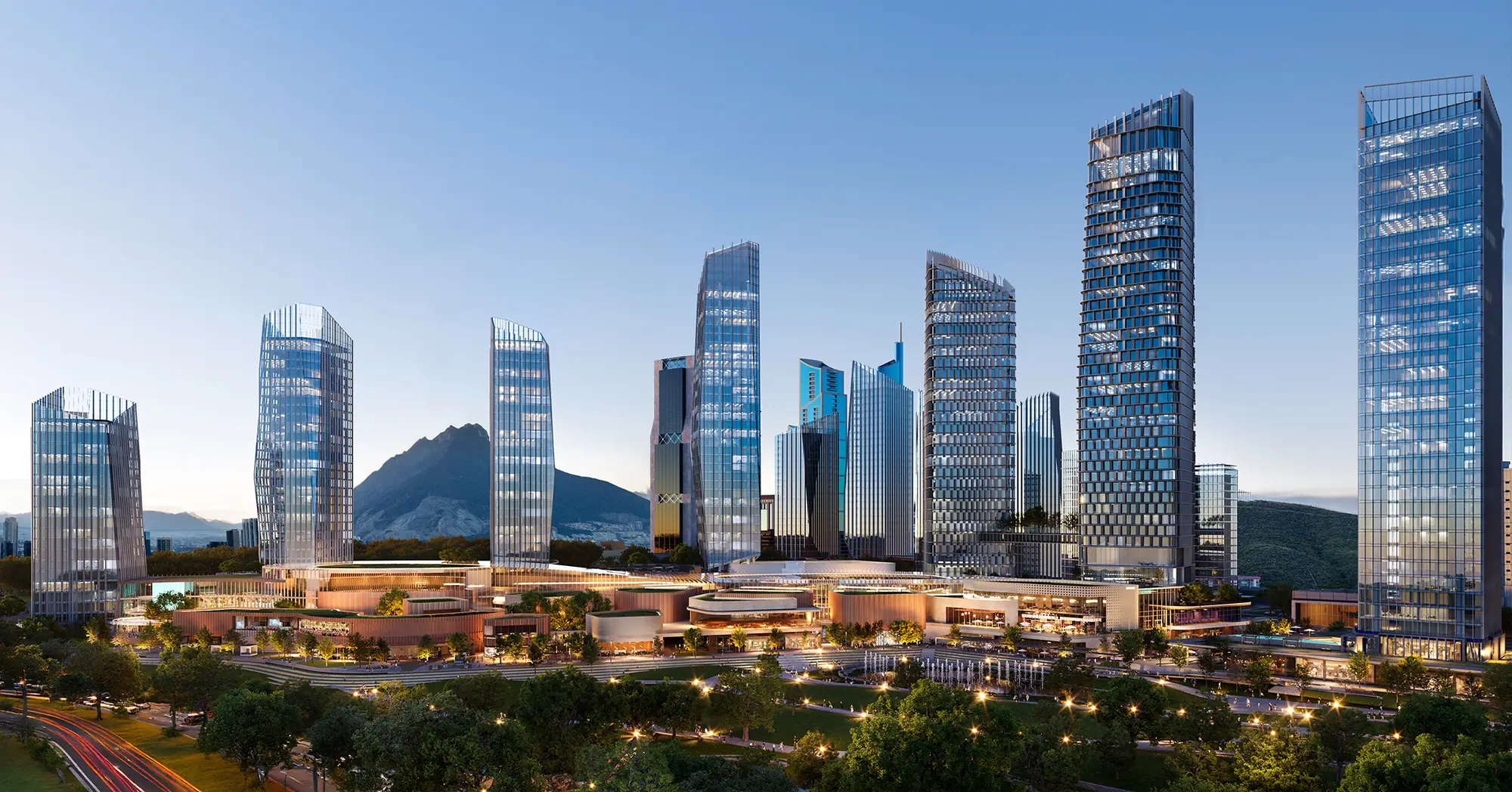 Render del distrito Zul con torres de usos mixtos al atardecer